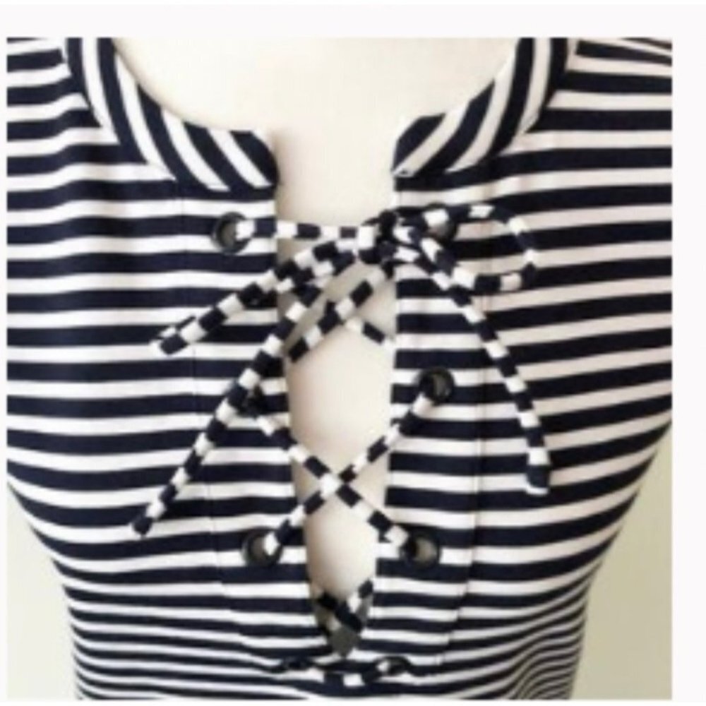 J. Crew Size XXS Stripe Lace Up Shift Knit Dress Blue White - Picture 6 of 7